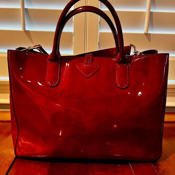 Longchamp Roseau Ruby Red Patent Leather Top Handle Purse with Shoulder Strap - Picture 7 of 7